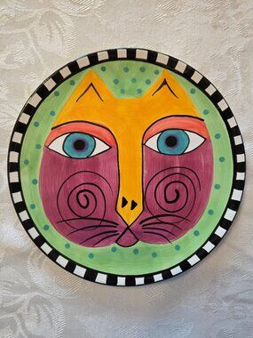 Vintage Laurel Burch Purple & Green Cat Plate - 8 inch